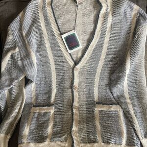 Vintage Men's Striped V-Neck Cardigan Sweater - Cream and Gray